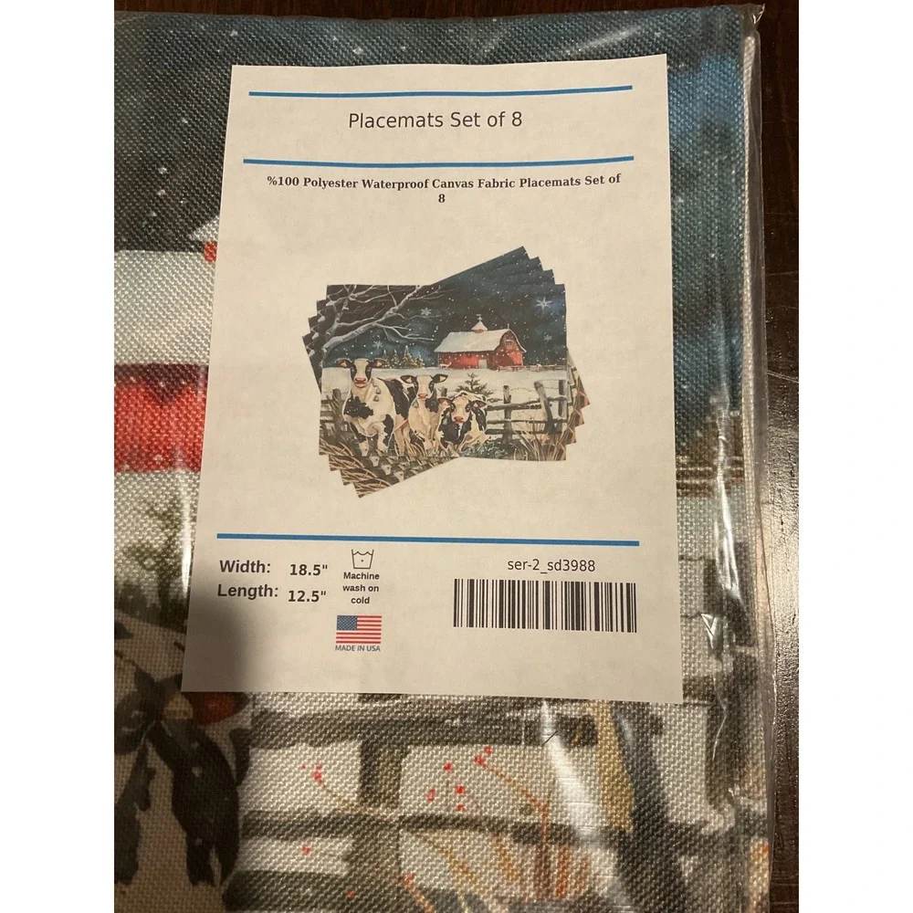 Premium Kitchen Cow Christmas 8‎ Placemats and 2 Adjustable Aprons USA, washable